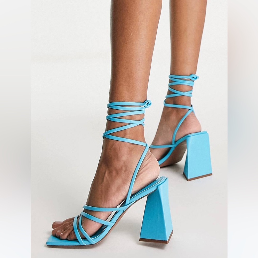 Bright blue strappy block heeled sandals